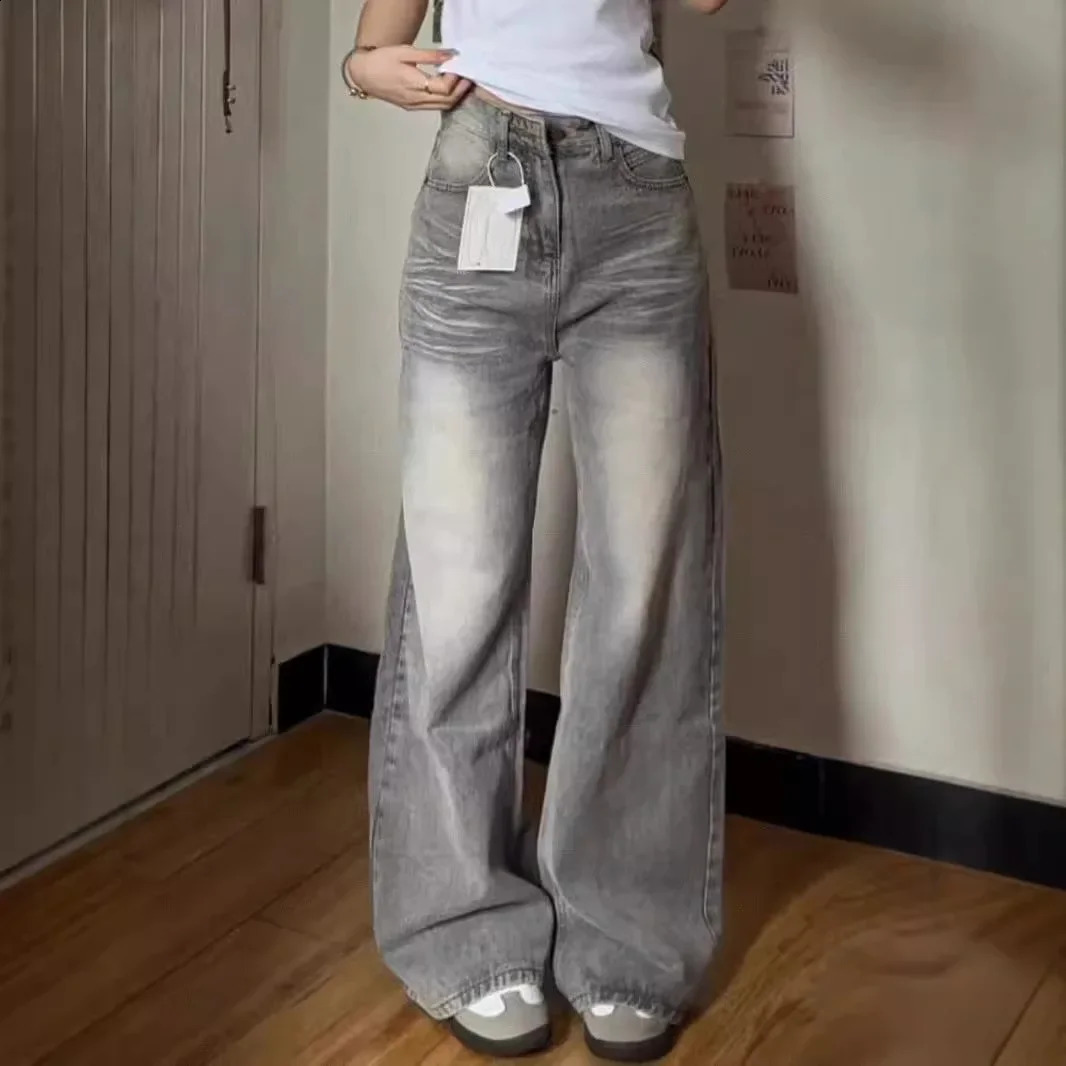Vintage Wide-Leg Jeans Grey American Style Straight-Leg Casual Pants For Women Loose Fit Draped Spring Autumn Arrival 250821