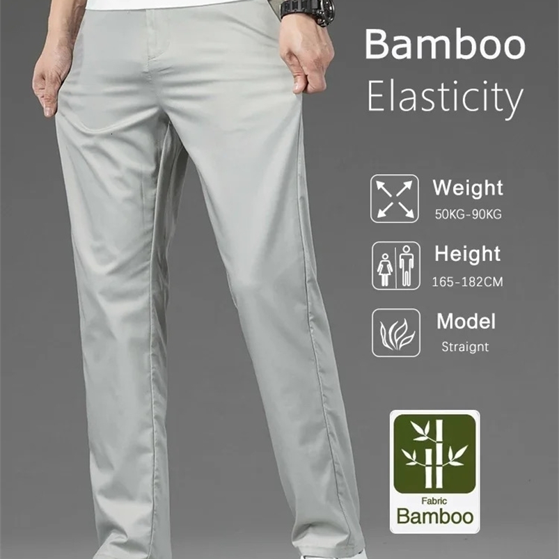 Thin Men Bamboo Summer Pants Casual High Quality Business Classic Fashion Stretch Slim Formal Straight Trousers Black Gray Khaki250820