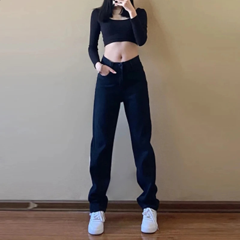 Fashionable Casual Straight Leg Womens Pure Black Jeans High Waisted Slim Fit Wide Leg Pants Jeans 250821