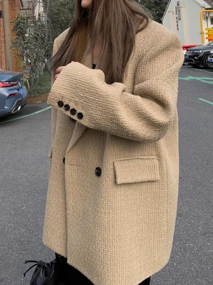 UNXX Small Fragrant Style Coarse Woolen Suit Jacket Retro Casual Solid Color Loose Double Breasted Woolen Blazer Coat Womens 250821