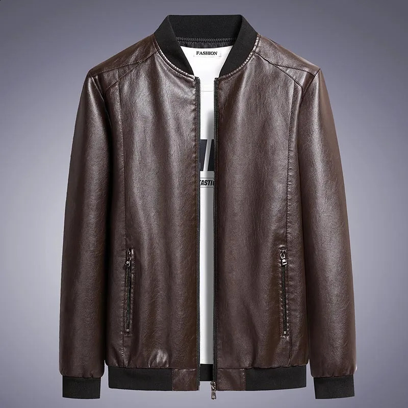 Men Faux Leather Jacket Coats Full Sleeve Round Neck Casual Pockets Zipper Jackets Splice Simple Slim Fit Coat Autumn Winter 250815