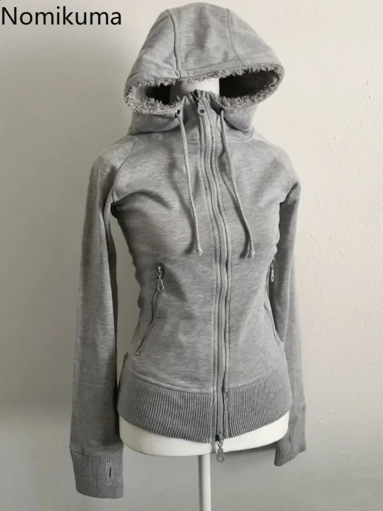 Grey Lamb Wool Double Zipper Hoodies Womens Clothes Slim Waist Hooded Vintage Y2k Coats Ropa Mujer Casual Fashion Sweatshirts 250820