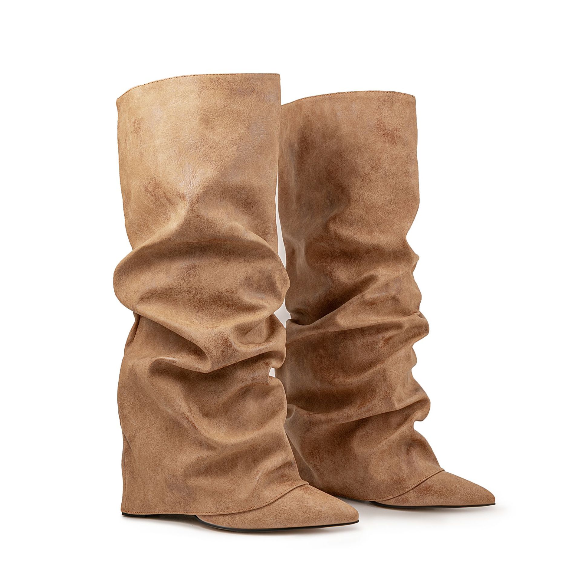 Bottes de genou empilées rétro aux femmes artisanales de Chengdu - Toe pointu Stiletto sur les bottes du genou avec coiffe pliable (nu)