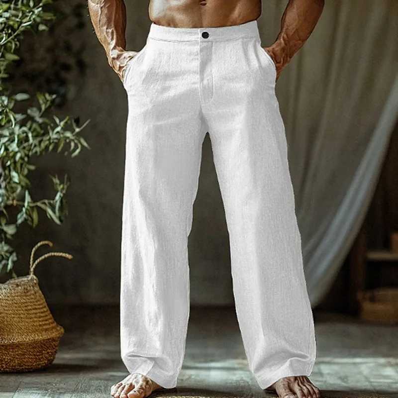 Pantalon de plage de coton et de lin pour hommes pantalon droit de jambe droite pantalon décontracté haletante pantalon de coton