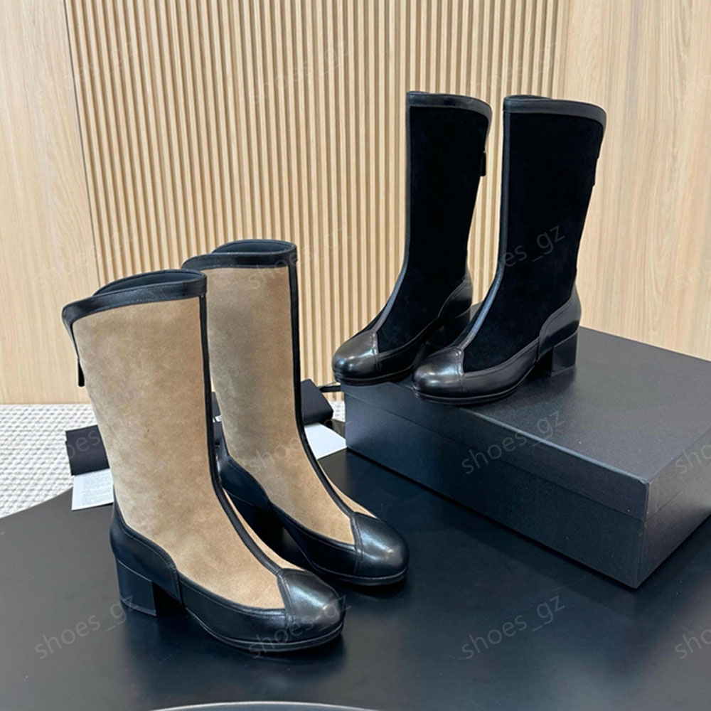 new designer women zip Chunky Heel Half Boots Knight Boots Round toe suede boots Match with coat Fashionable and minimalist Size 35-41 Heel 6cm with