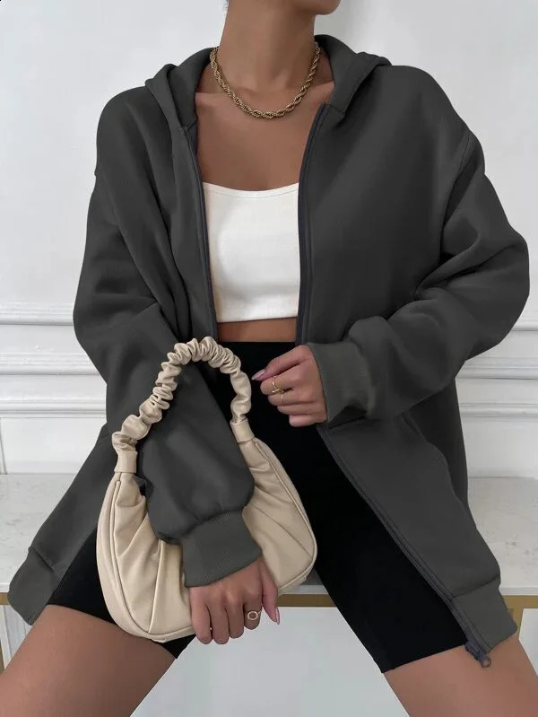 Poche solide solide zip up up sweat à sweat à sweat à capuche à manches longues décontractée pour les vêtements pour femmes d'automne et d'hiver