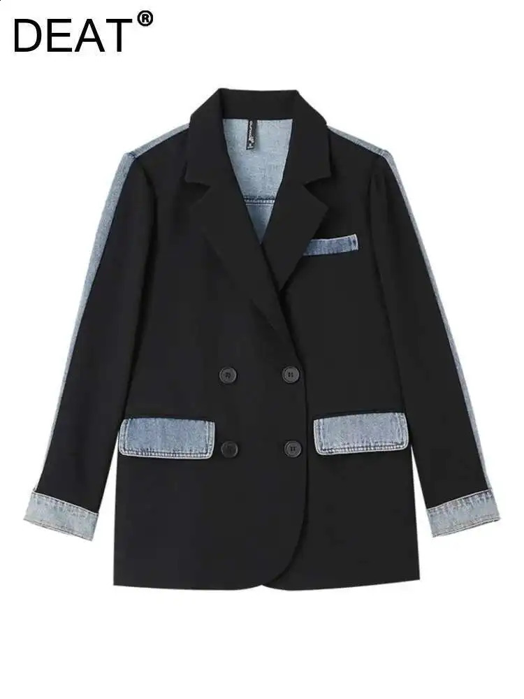 DEAT Womens Blazer Notched Collar Patchwork Denim Double Breasted Panelled Elegant Suit Jackets Summer Fashion 29L3200 250821