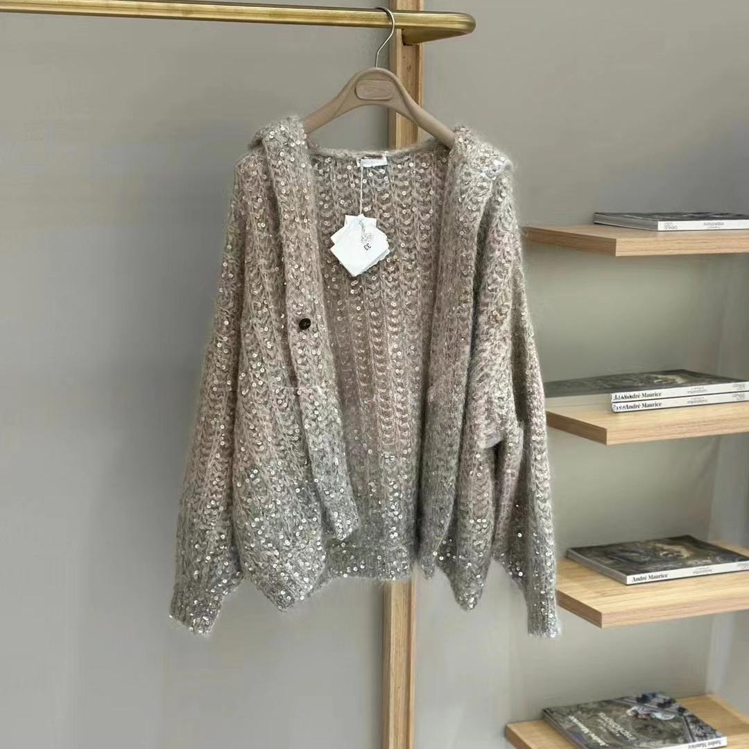 Chandails pour femmes Couleur de gradient de printemps mosaïque à paillettes Mohair Cashmere Cardigan B1289