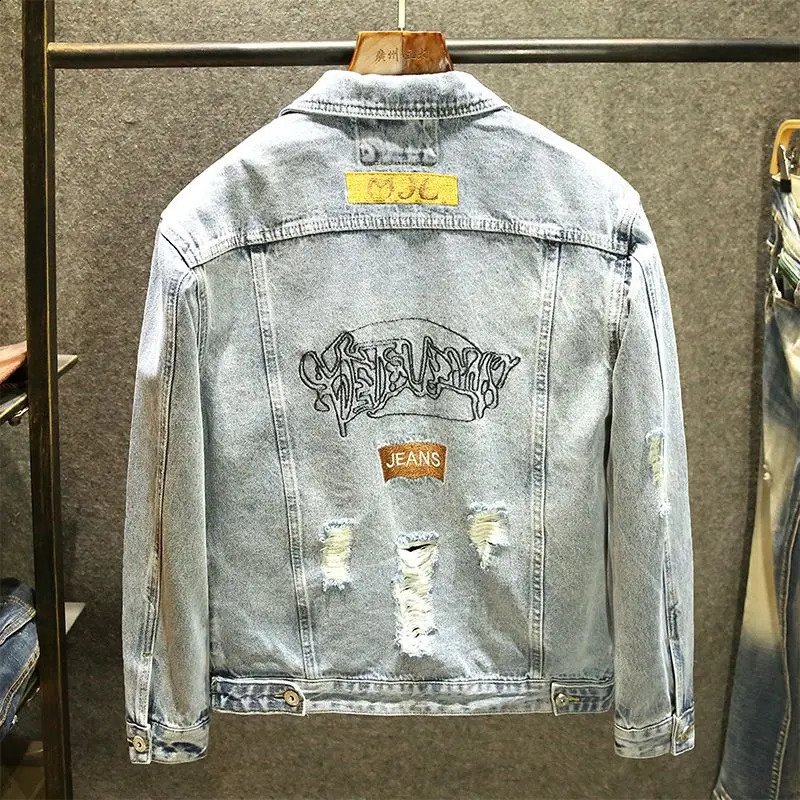 Mens Street Hip-hop Slim Embroidery and Worn Denim Jacket Single Breasted Casual Spring and Autumn Outwear Washed Ripped Coat 250818