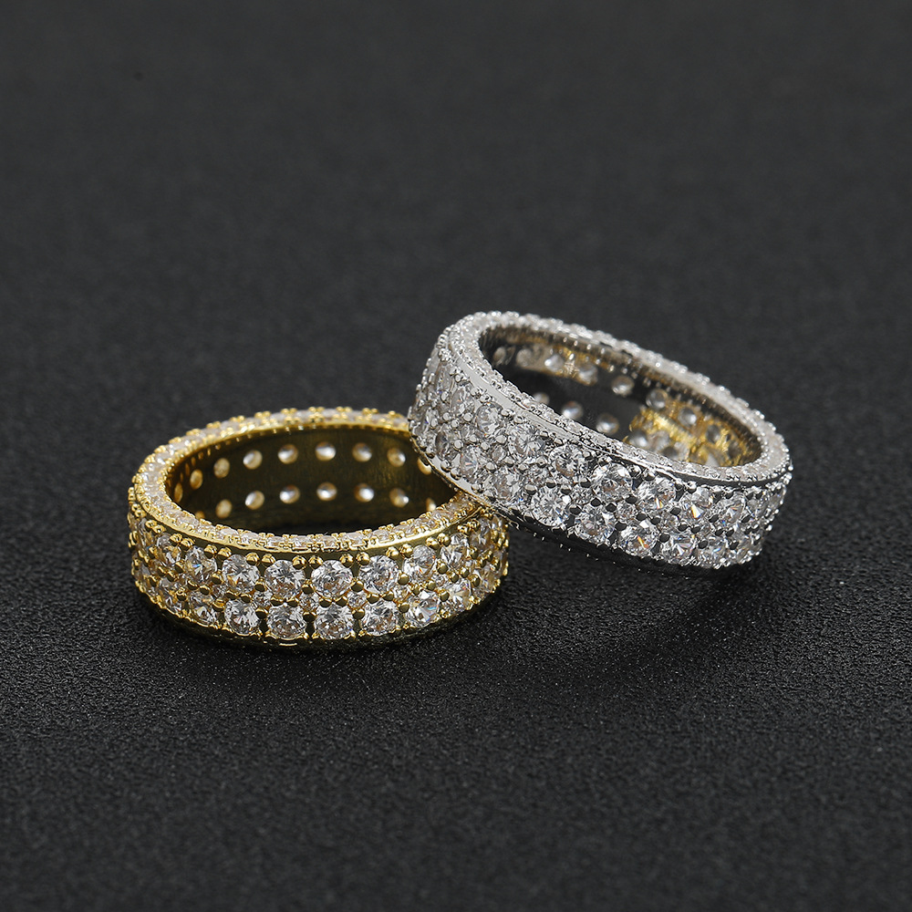 7.5mm Full Zircons Ring Real Gold Plated Hip Hop Finger Rings Women Mens Jewelry