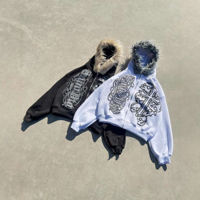American Street Hip-Hop Zipper Hooded Sweatshirt Loose Print Autumn Oversize Fur Collar Jacket B5