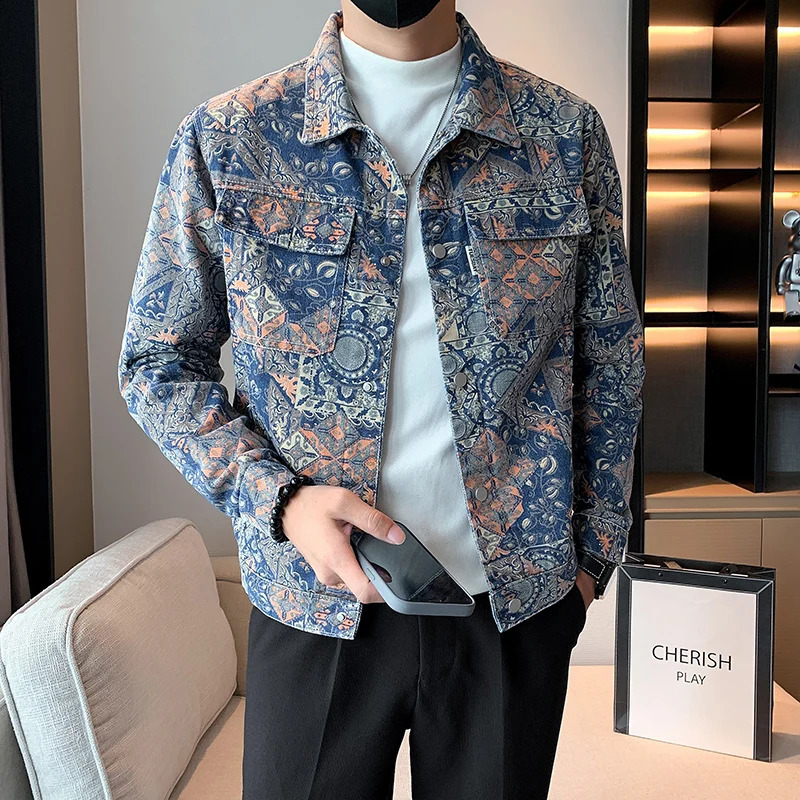 Autumn Jacquard Denim Jacket Fashion Korean Version Loose Long Sleeve Men Jacket Simplicity Versatile Casual Denim Top 250818