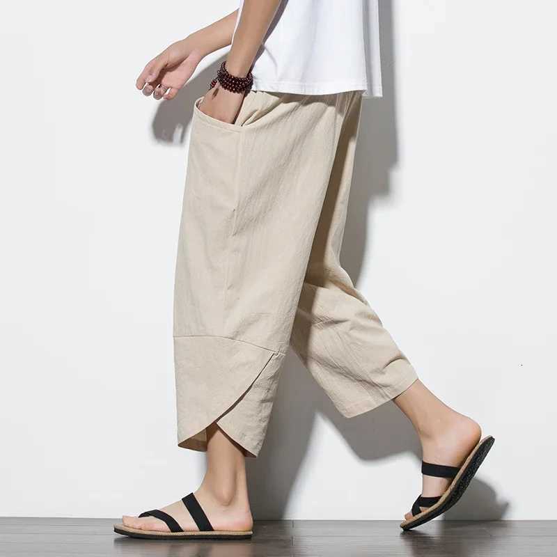 2024 Summer Mens Pants Chinese Style Cotton Linen Harem Pants Men Breathable Beach Pants Casual Calf-Length Trousers Streetwear XJ250821