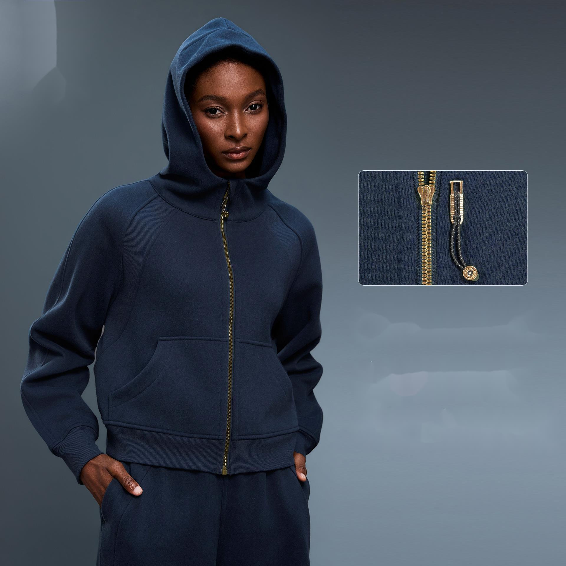 Autumn Winter Hooded Cardigan Sweatshirt for Women Hoodies Fleece-Lined Warm Gold Zipper Jacket Youthful Loose-Fit Casual Sports Top D25130