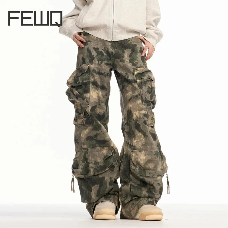 FEWQ High Street Mens Denim Pants Camouflage Multi-pockets Washing Straight Bottom Wide Leg Loose Male Jeans Summer 24K3697 250820