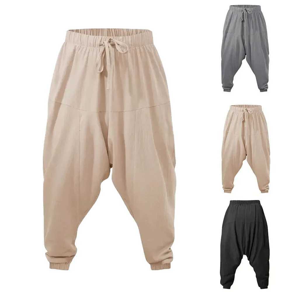 Mens Harem Pants Cotton Linen Drop Crotch Streetwear Loose Fit Breathable Lightweight Long Pants Comfortable Male Joggers XJ250821
