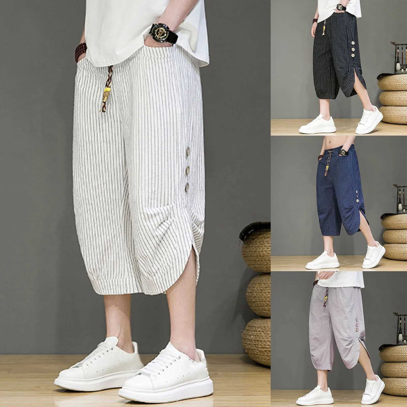 Pantalon Capri à rayures d'été pour hommes Bands plus taille large jambe large pantalon hipster plage en polyester coréen pantalon de mode coréen