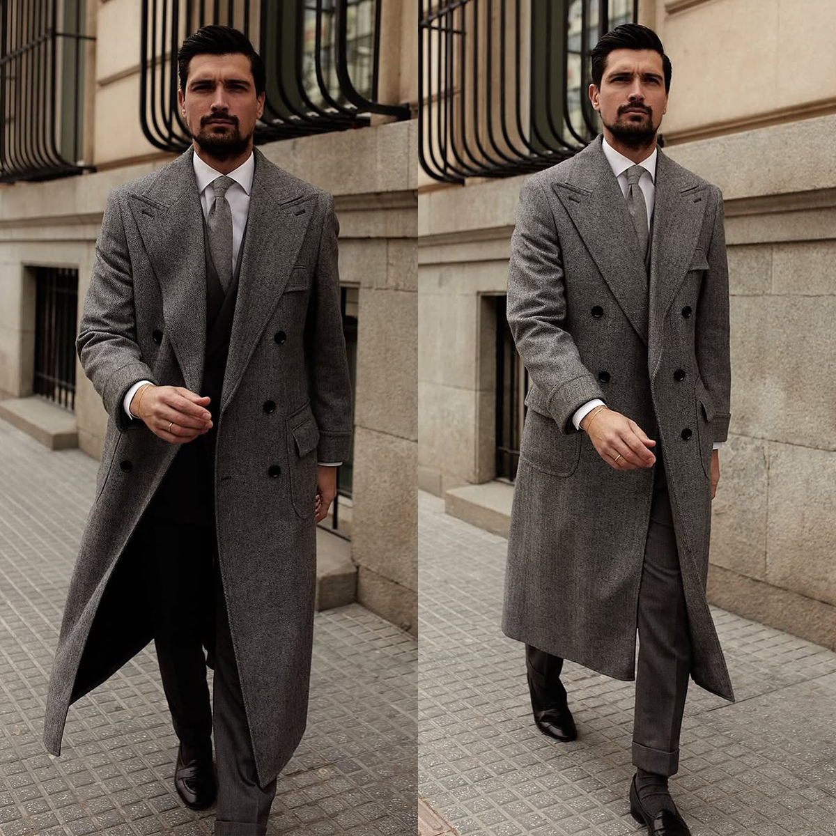 Vintage Men Overcoat Peaked Lapel Tailor-Made Jacket Herringbone Long Suits Blazer Double Breasted Groom Customized Only One Coat Plus Size