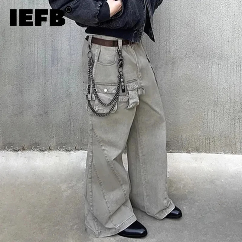 IEFB High Street Mens Cargo Panst Three-dimensional Pockets Patchwork Solid Color Trendy Wide Leg Casual Male Jeans 9W193 250820