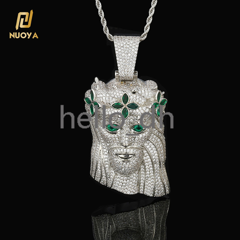 Large Heavy Jesus Pendant Necklace Hip Hop Style Bling Green moissanite Four Leaf Clover Jesus Pendant Jewelry