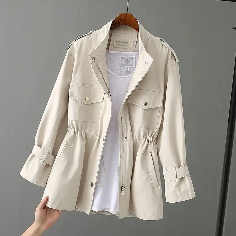 Spring Autumn Windbreaker Womens Medium Long Korean Edition Loose Jacket Womens Solid Casual Zipper Windbreaker Coats 250819