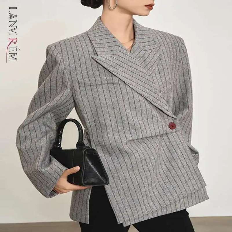 LANMREM Fashion Stripe Printed Asymmetric Blazers Womens Notched Long Sleeve Gathered Waist Jackets Spring CPDB342 250821
