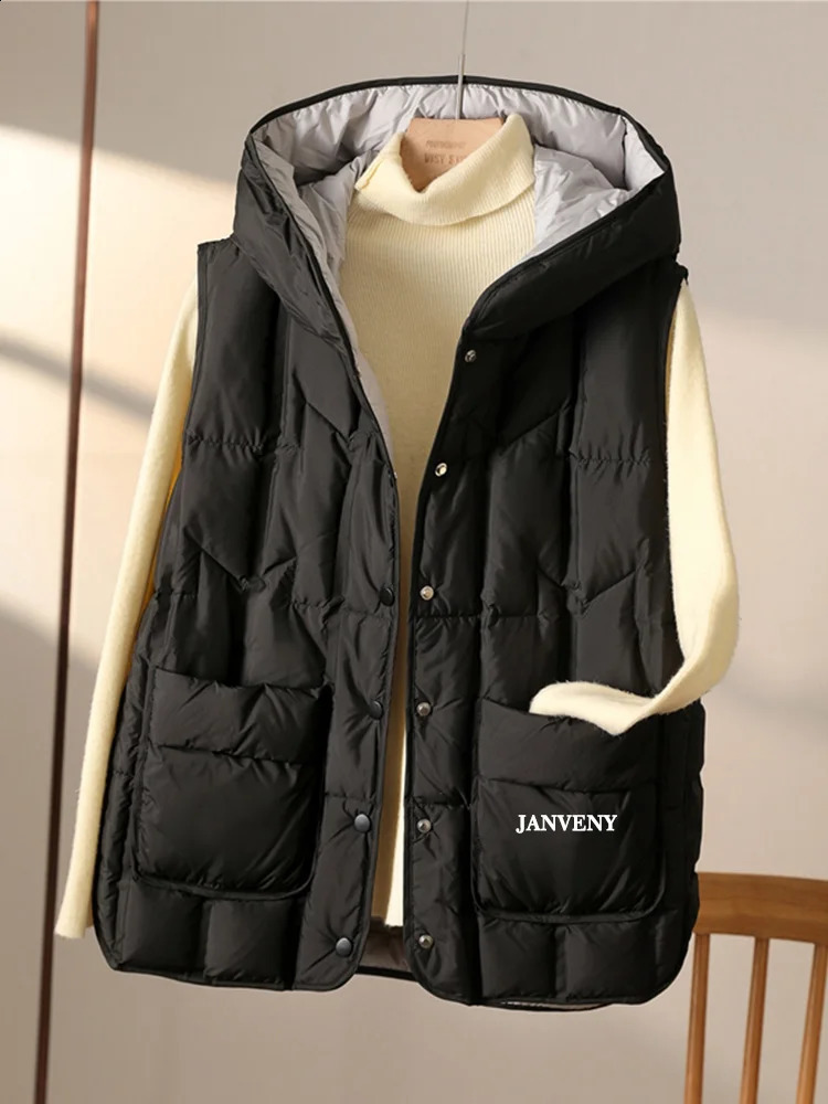 Janveny 2025 Fashion Women Hooded Down Sleeveless Vest Women Lightweight Seamless White Duck Feather Puffer Short Waistcoat250821