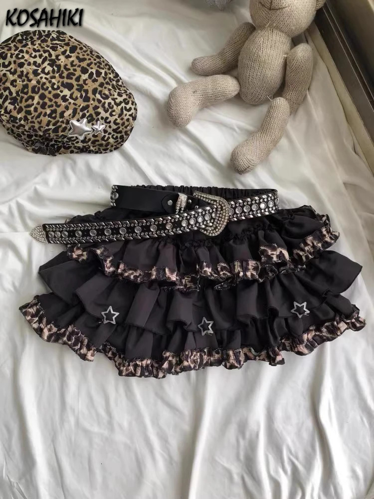 Kawaii Mini Cake Patchwork Leopard Skirt Womens Harajuku Sexy High Waist Ruffled Skirts Y2k Aesthetic Sweet Grunge Gothic Faldas 250822