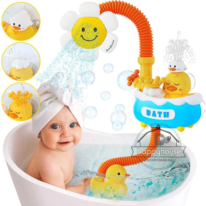 Toys de bain pour bébé douche de bain pour tout-petit 4 en 1 baignoire jouet avec douche de tournesol 3 paillettes d'eau arrosant baignoire jouet