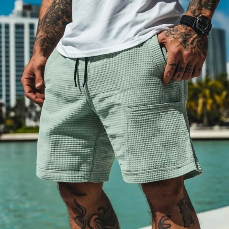 Mens Vintage Waffle Knit Surf Shorts Beach Elastic Drawstring Casual Summer Short Pants Male Retro Cotton Lounge 250822