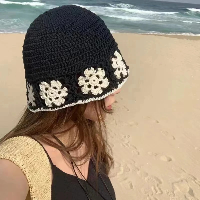 Knitted Floral Bucket Hats For Women Spring Summer Sun Hat Female Crochet Fishermen Cap Outdoor Travel Basin Caps Panama Gorros 250818