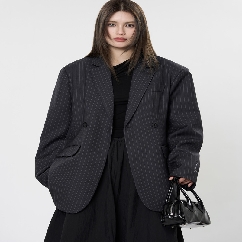 Womens Casual Striped Pocket Decoration Double breasted Loose Jacket Blazer 250821