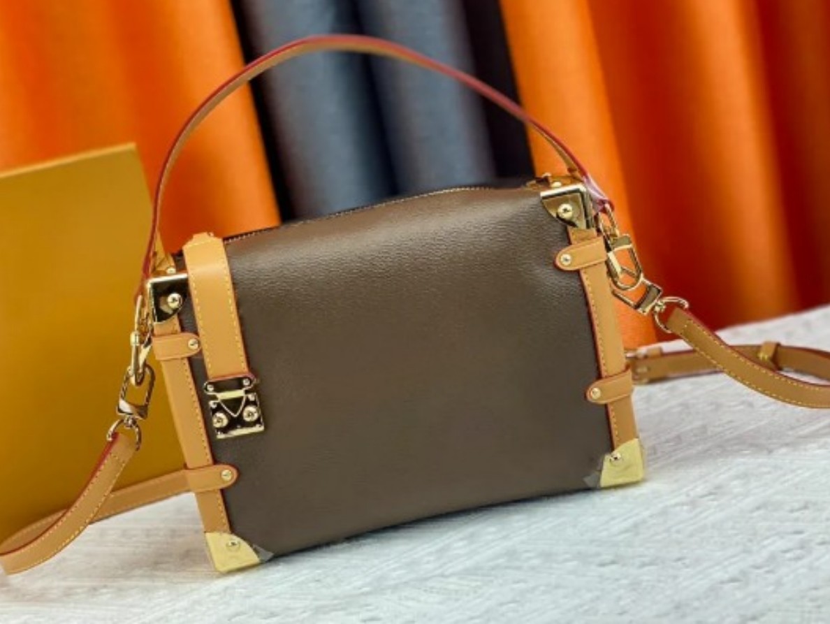Women's Soft Structured real Leather Travel Messenger Tote Crossbody Bag Trunk Box Handbag Shoulder Bag with dust bag ladys Cosmetic Bags