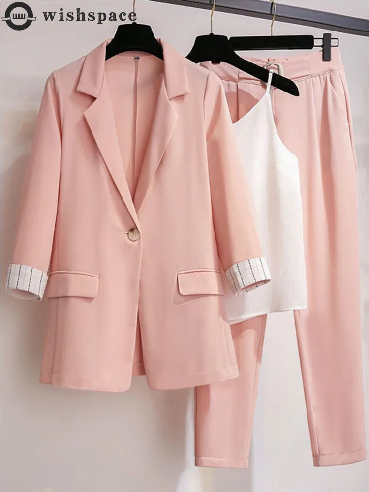 2025 spring plus size Korean elegant womens suit female blazer leisure pants Tweed suit jacket three piece jacket pants set250821