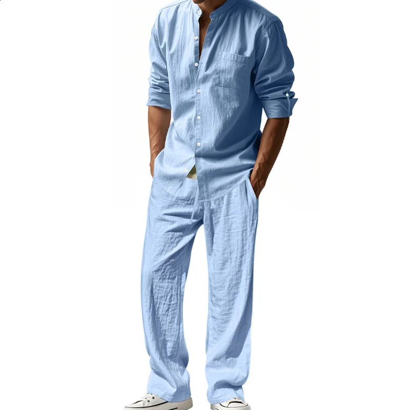 2025 Cross-border American Four Seasons Linen Mens Casual Relaxed Breathable Long Sleeve Pants Shirt Beach Suit250822