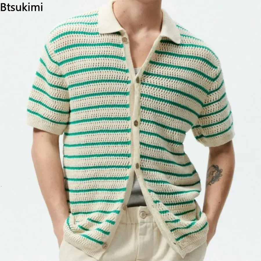 Mens Summer Sweater Shirts Knitted Short Sleeve Turndown Collar Button Knit Shirt Men Striped Knitting Cardigan 250822