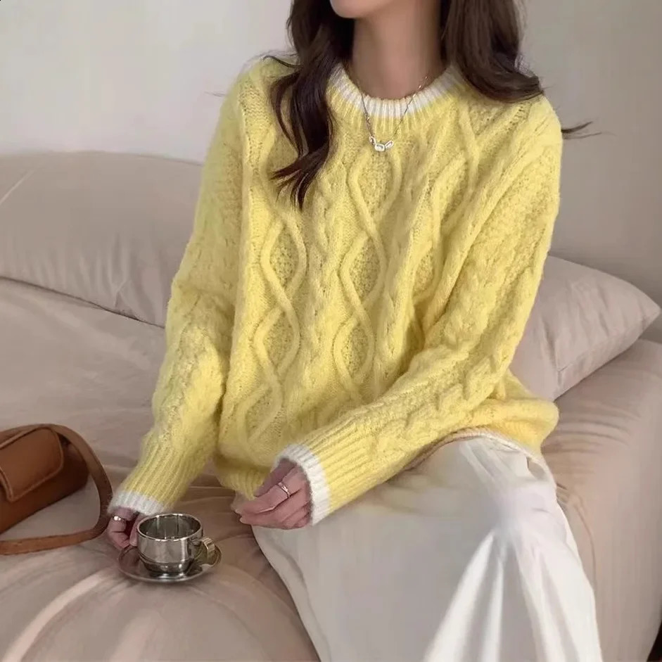 Womens AutumnWinter Style LooseFit Round Neck Knitted Sweater Cable Knit Base Layer Soft Outerwear Warm Comfortable 250818