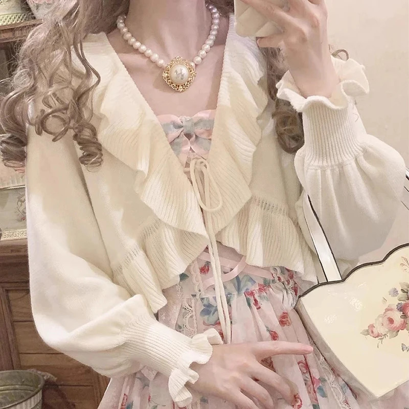 Japanese Sweet Knitted Cardigan Women Fall Ruffles Kawaii Lace Up Cropped Sweaters Harajuku Aesthetic Lantern Sleeve Cute Tops 250815