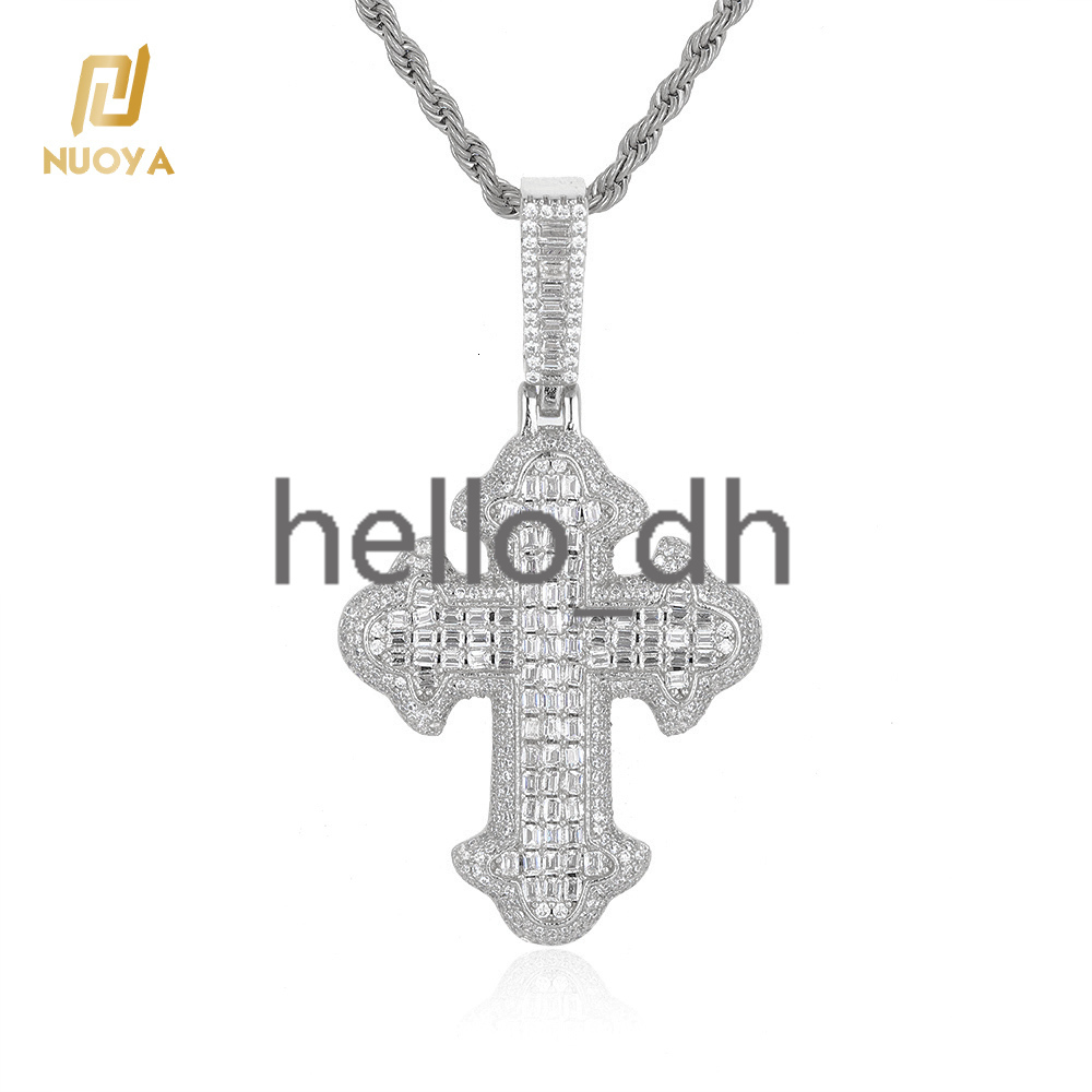 New Style Hip Hop Baguette Square Iced Out moissanite White Gold Plated Cross Pendant for Men and Women Gift Fashion Jewelry
