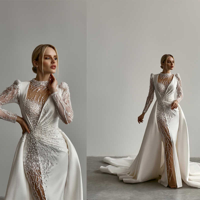 Luxury Ivory Pearls Beaded Mermaid Wedding Event Dress with Overskirt Customized Elegant Dubai Women Formal Bridal Gowns Gala