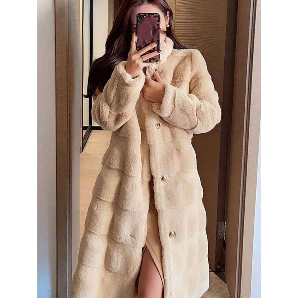 Artificial fur coat for women, mid-length coat, thick and warm stand-up collar, white apricot blossom needle, long fur coat for autumn and winter