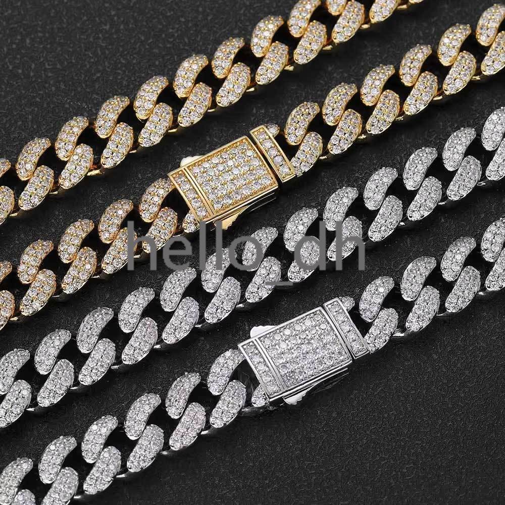 Hip Hop 12mm Two-Row Diamond Cuban Link Necklace White Gold Plated Brass Iced Out moissanite Miami Cuban Chain Fine Jewelry for Women