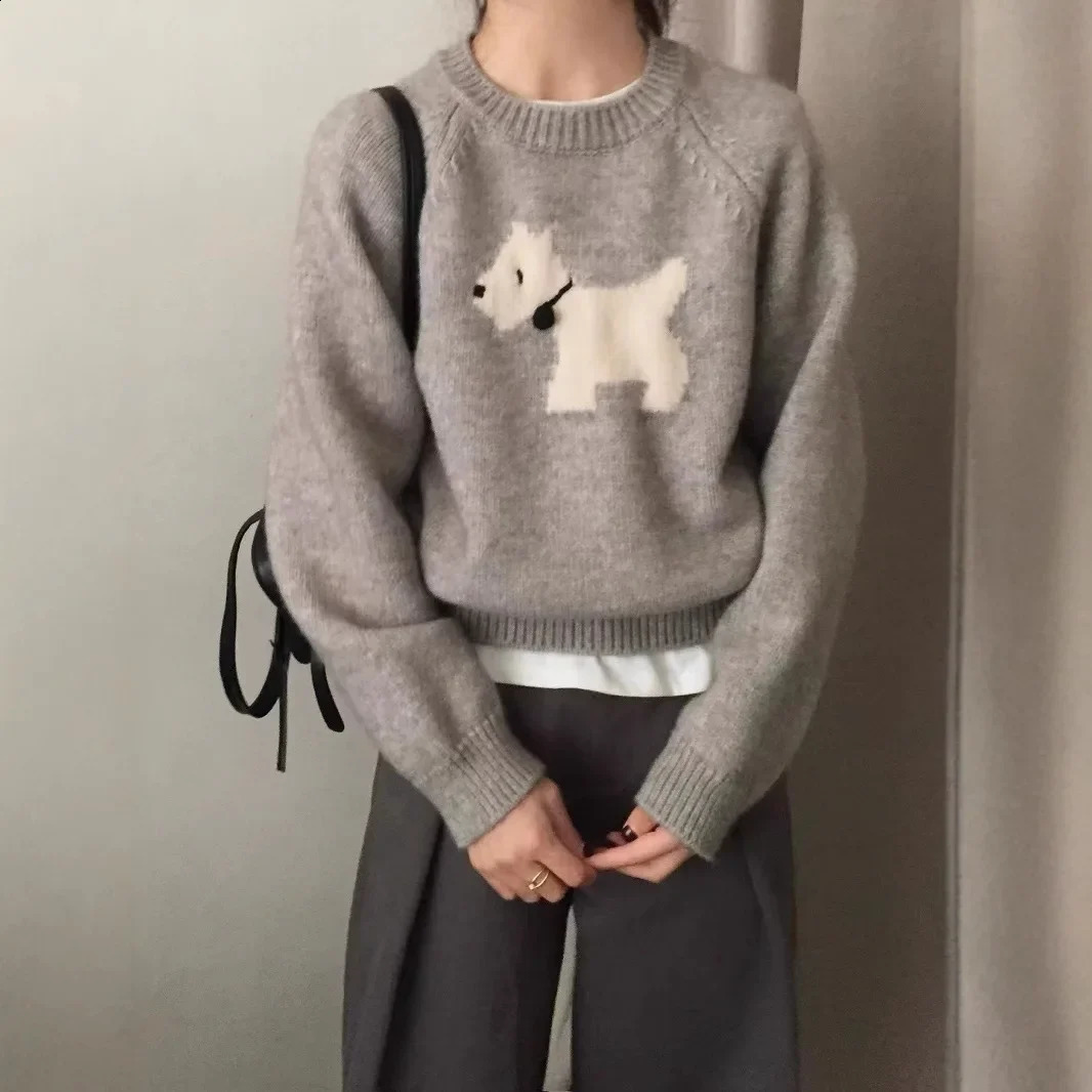Lazy Style Cartoon Dog Knitted Sweater Womens Autumn Winter Loose Fit Crew Neck Grey Top Korean Dongdaemun Fashion 250819