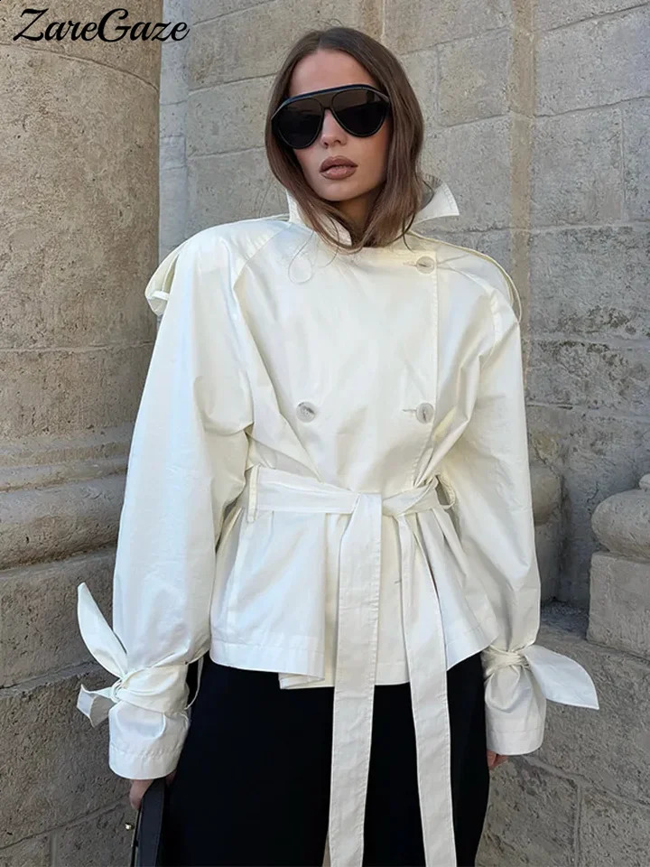 Elegant Double Breasted Belt Short Trench Coats Women Loose White Lapel Full Sleeve Windbreaker Autumn Street Womens Coat 250819