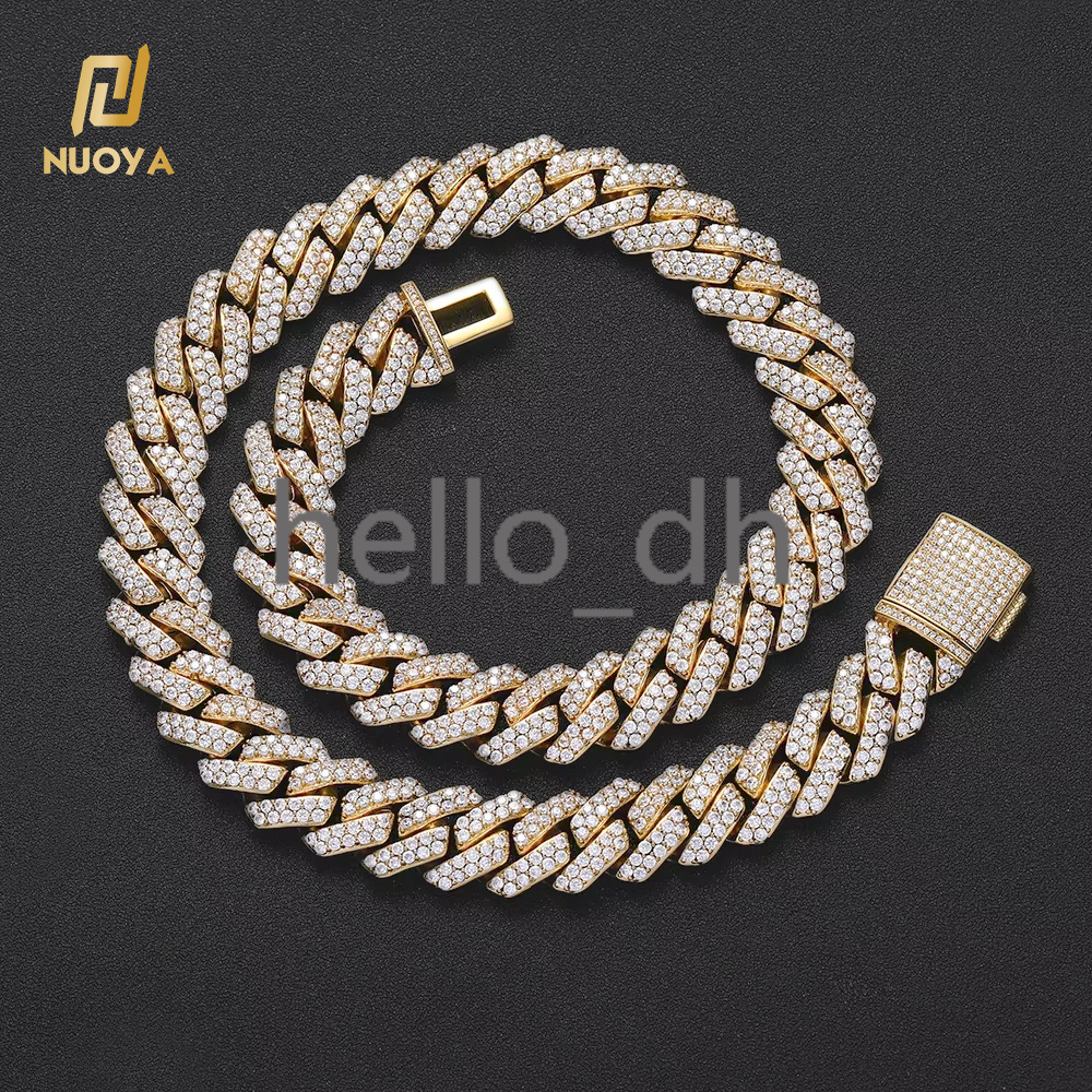 Hip Hop Jewelry Shiny Diamond Cuban Link Chain moissanite Prong Cuban Chain Necklace 18K Gold Plated Iced Out Cuban