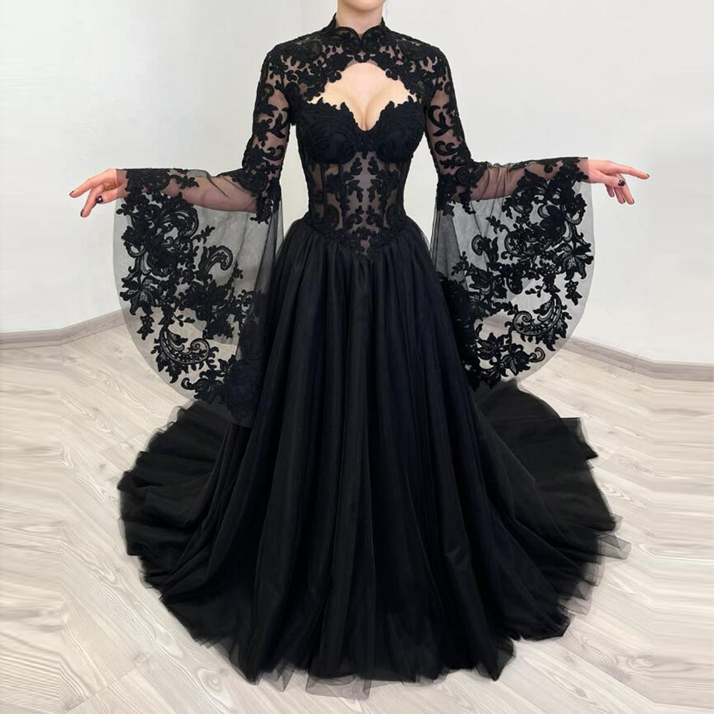 Customized Black Mermaid Wedding Dresses Floor-Length High-Neck Full Sleeve Bridal Gowns Fashion Lace Sexy Backless Lace-Up