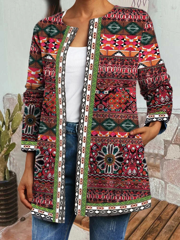 Plus Size Womens fashion winter jacket retro style loose print collarless womens XL 5XL 250822