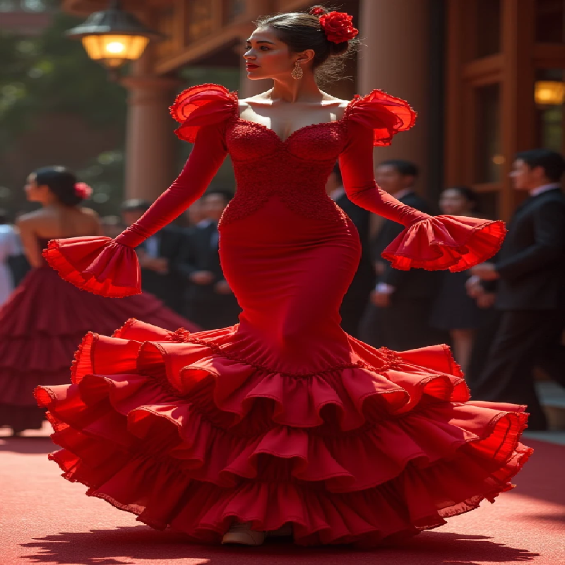 Elegant Red Flamenco Prom Dress Long Sleeve Mermaid Tiered Fishtail Evening Dress 2025 Performance Formal Party Gowns Vestio De Fiesta Birthday Danc