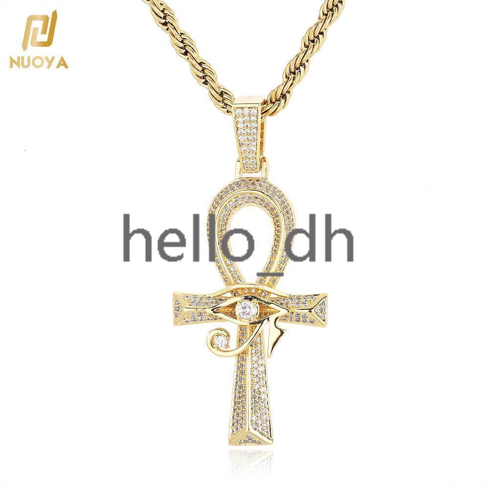 Ancient Egyptian Amulet Ankh Cross Pendant Bling moissanite Stone 18k Gold Plated Eye of Horus Ankh Pendant Necklace for Men