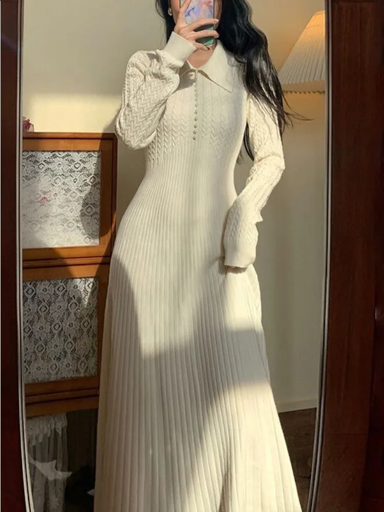 Tossy Ribbed Autumn Knit Long Dress For Women Fashion High Waist Elegant Solid Long Sleeve Dress Lapel Loose Knitwear Maxi Dress 250822